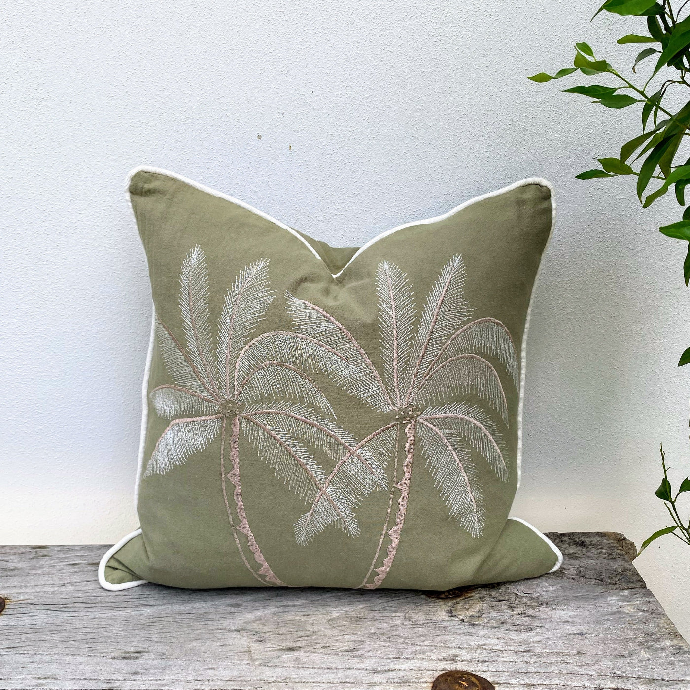 Olive Green Cushion Cover with White Piped Edge