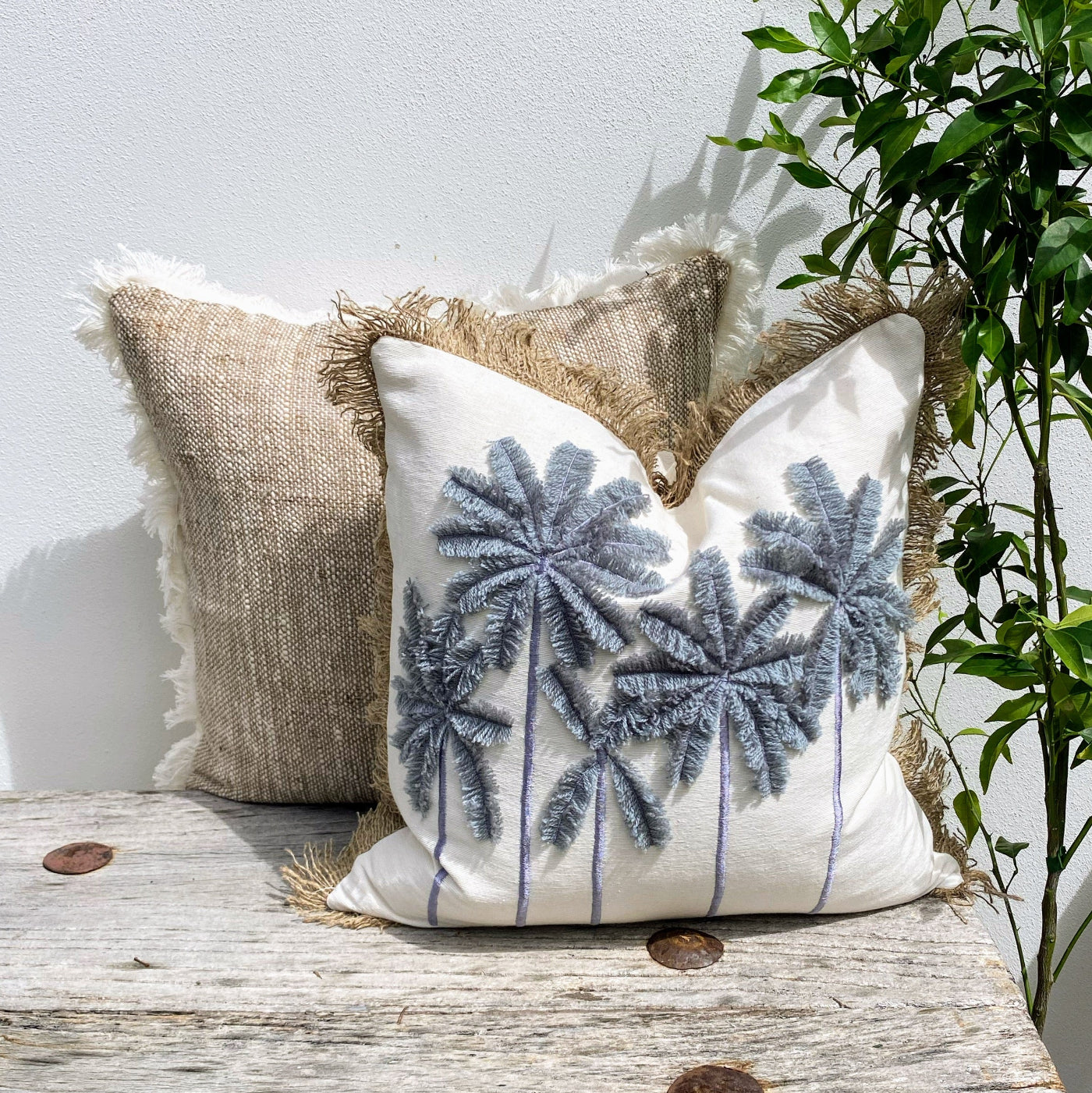 Palm Tree Cushion on Dusty Blue and Beige Tones