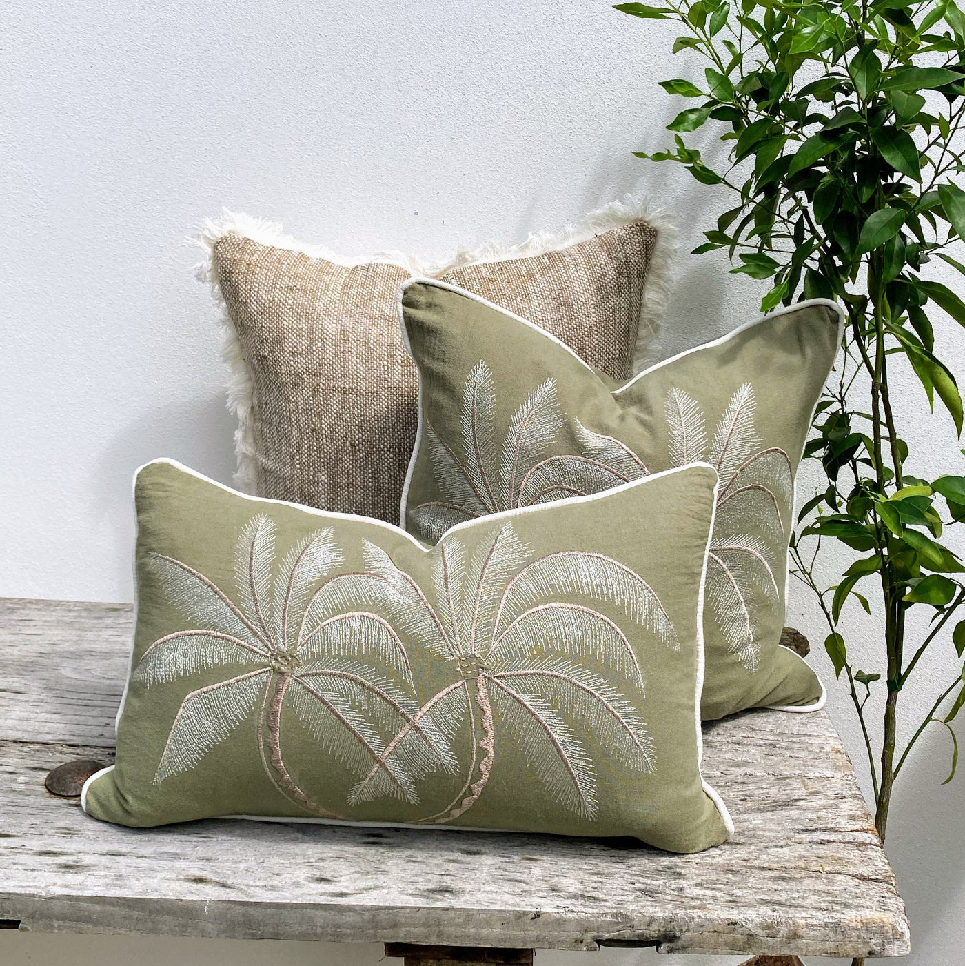 Premium Material Avocado Green Cushion Cover with Palm Tree