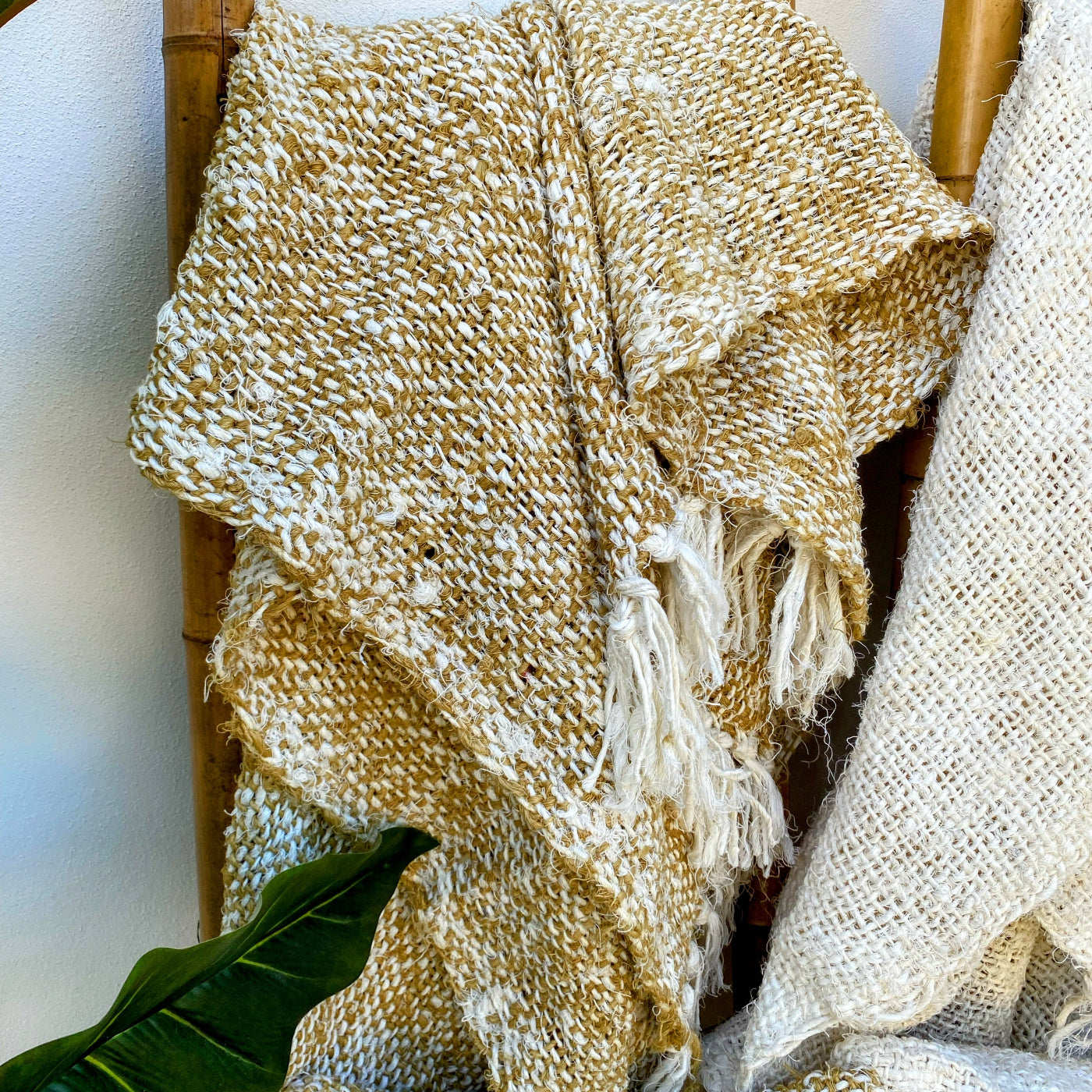 Rustic Design Olive Throw Blanket​ with Two-Toned Cross Weave Recycled Linen