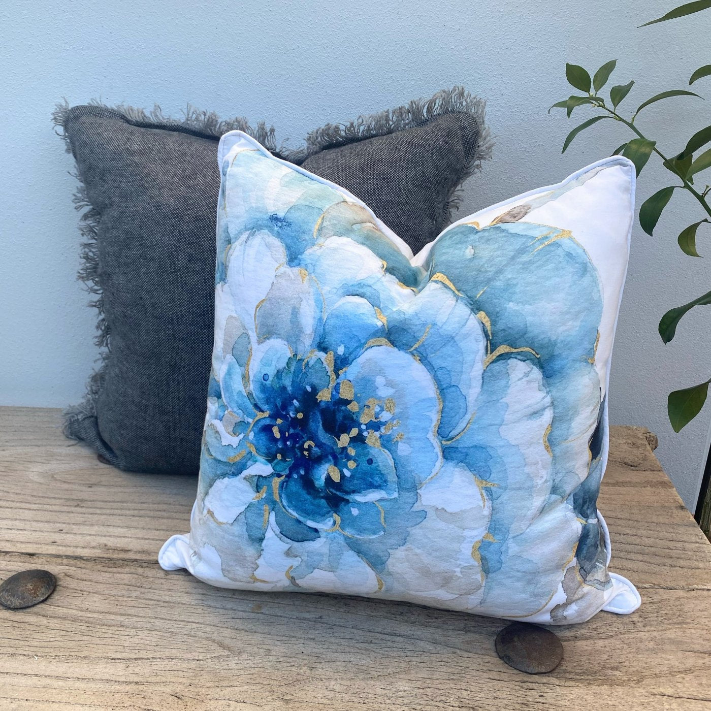 Set of 2 Grey French Linen and Floral Cushions