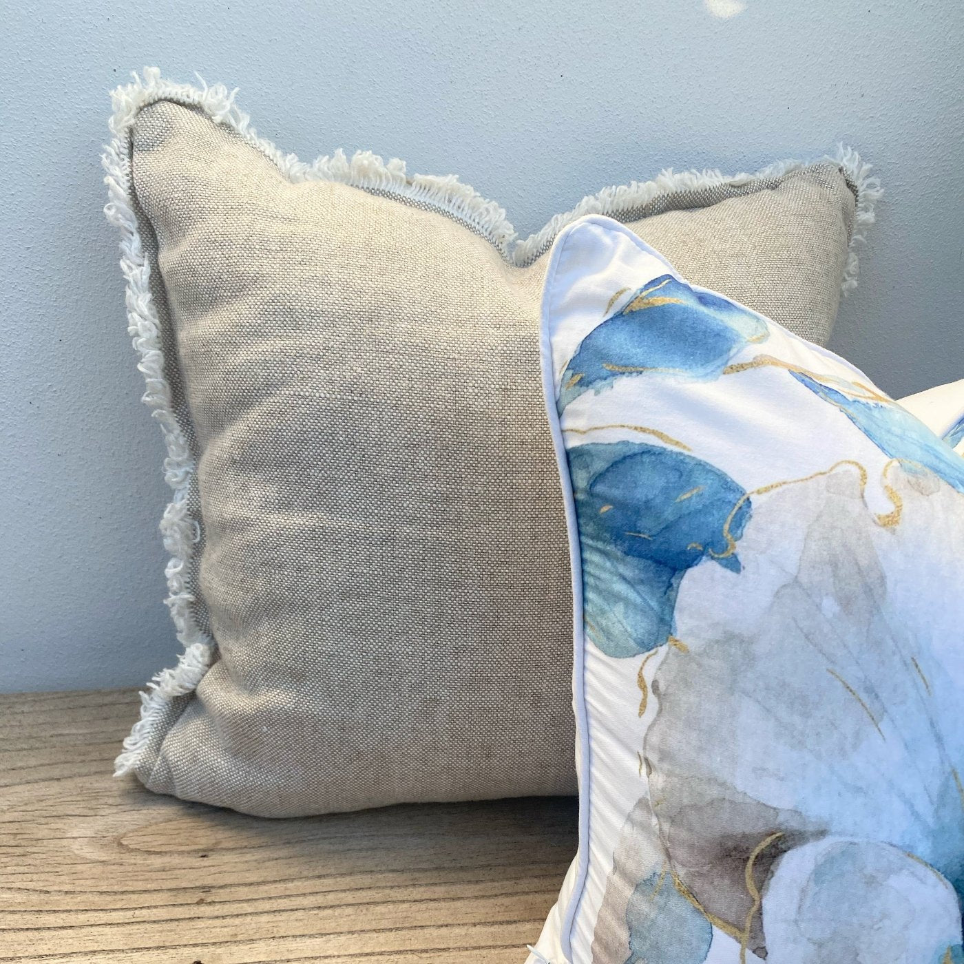 Set of 2 Linen and Cotton Blue and Beige Floral Cushion Cover