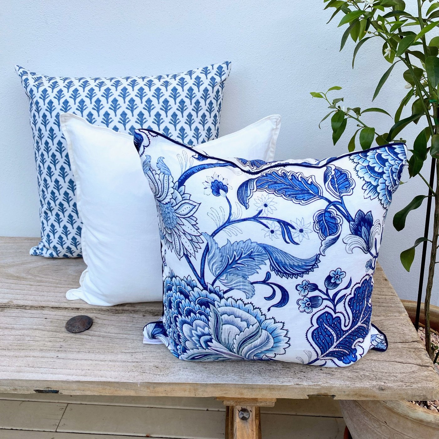 Set of 3 Coastal Blue and White Cushions-Portsea