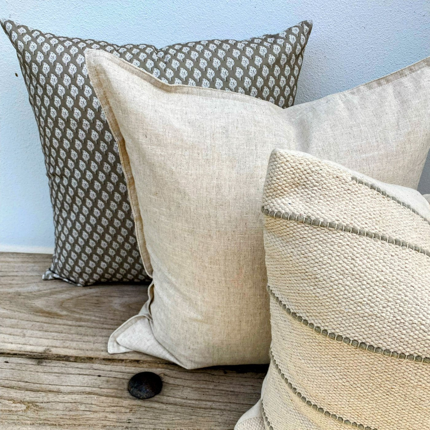 Set of 3 Natural Bohemian Coastal Olive and Sage Green Linen Cotton Cushion Covers