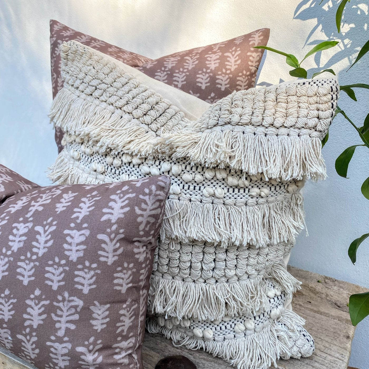 Set of 3 Coastal Brown Beige Cushion Covers | Tassel Boho Vibes