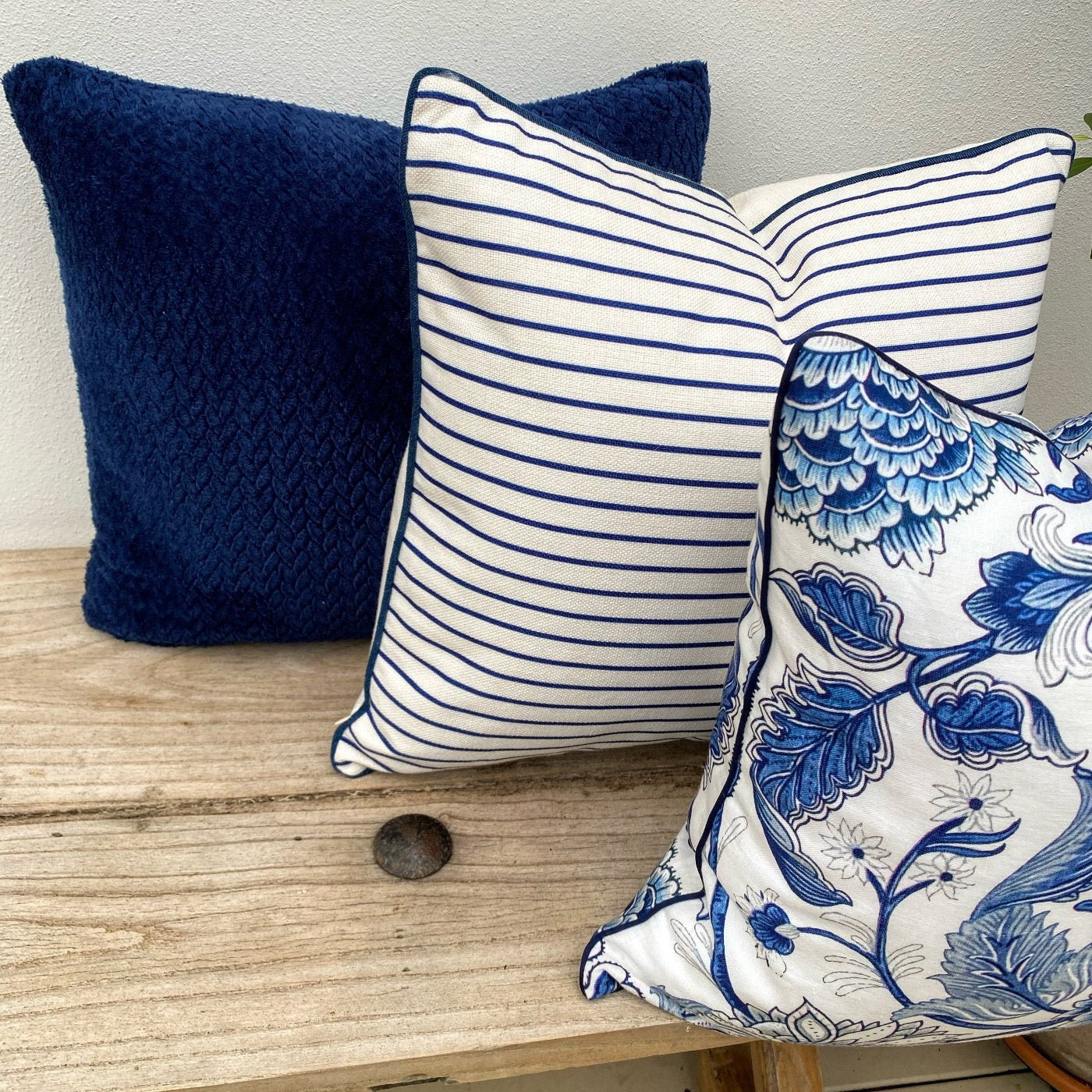 Set of 3 Floral and Stripe Blue and White Cushions Portsea