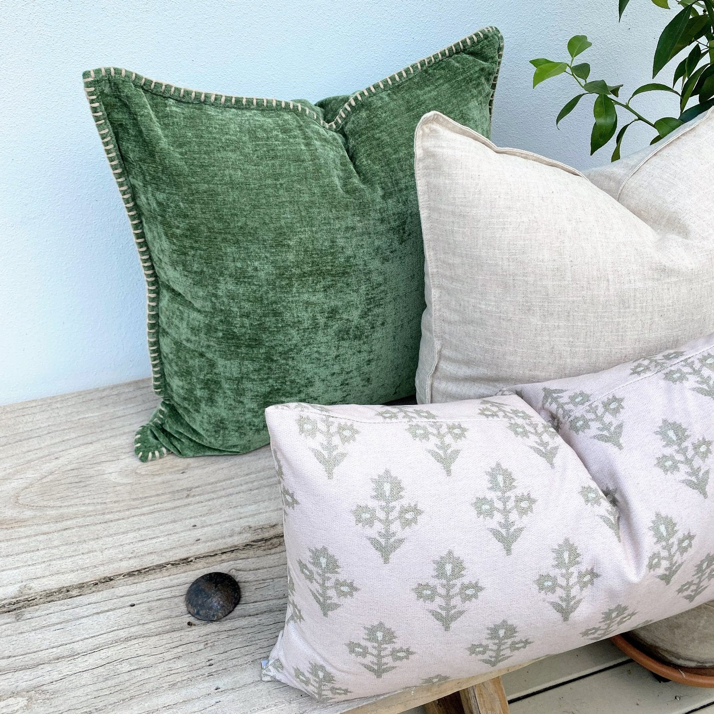 Set of 3 Green Natural Cushion Covers | Chenille Chance