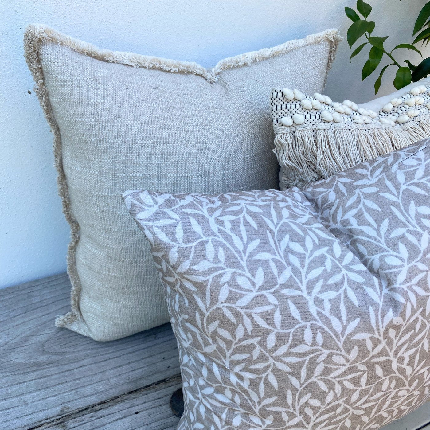 Set of 3 Natural Cushion Covers | Saba Fringed Whispering Vine-Revived Artisan Eco Home Decor