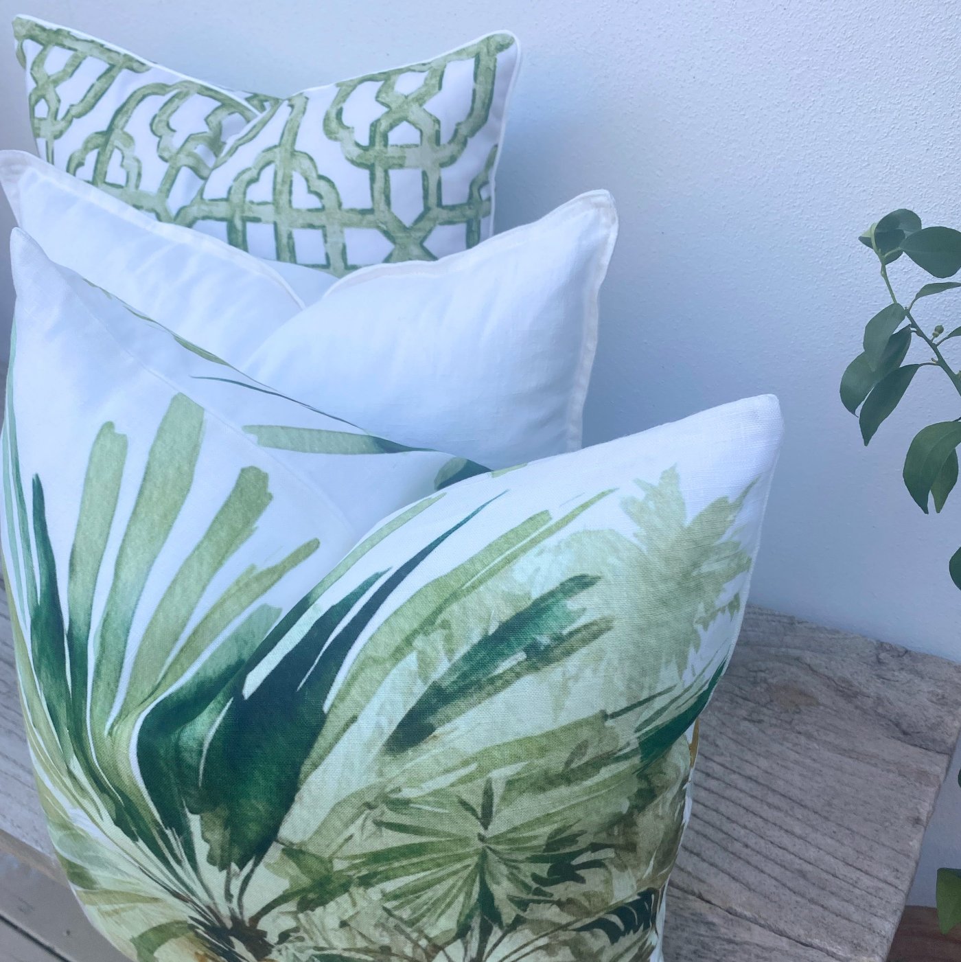 Set of 3 Green and White Linen Palm Cushion Covers| Imperial Bahamas-Revived Artisan Eco Home Decor