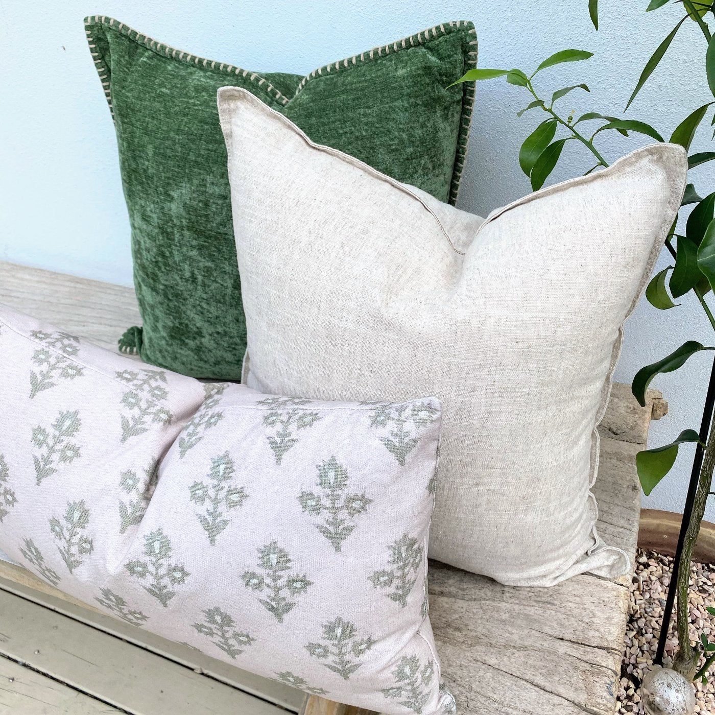 Set of 3 Green Natural Cushion Covers | Chenille Chance