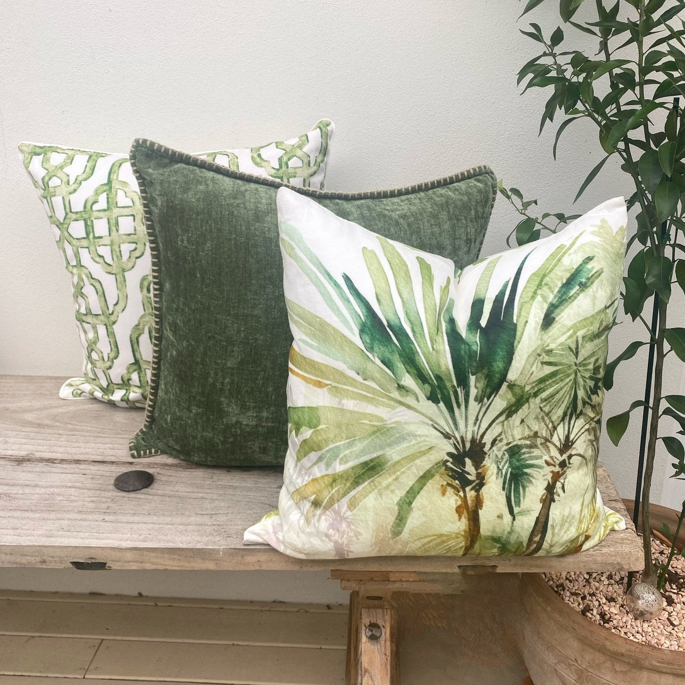 Set of 3 Green Linen Tropical Palm Cushion Covers| Imperial Bahamas Chenille-Revived Artisan Eco Home Decor