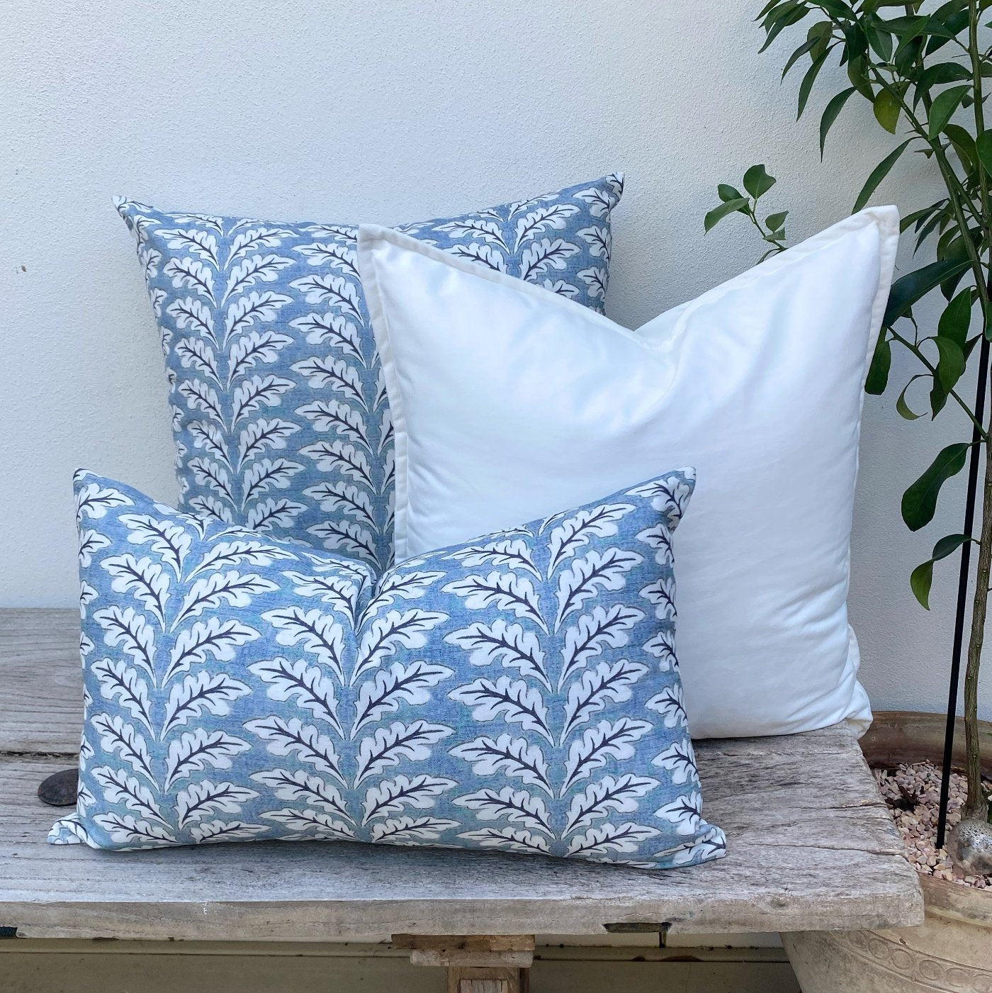 Set of 3 100% Cotton Dusty Blue Cushion | Velvet Ocean Foliage-Revived Artisan Eco Home Decor