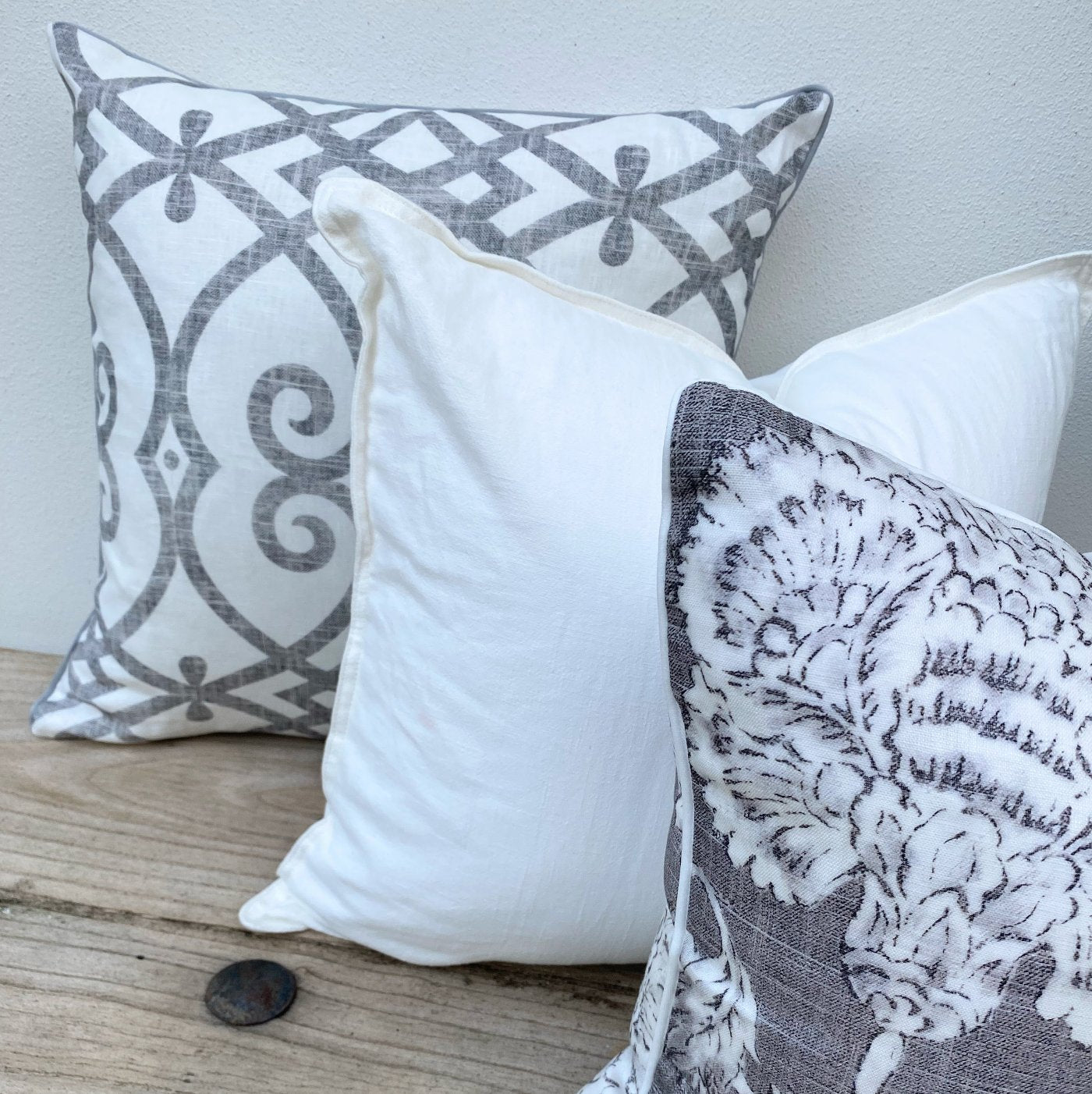 Set of 3 French Linen Geometric and Floral Grey Cushion | Scroll Dove-Revived Artisan Eco Home Decor