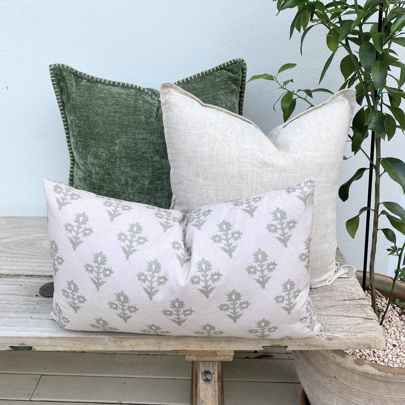 Set of 3 Green Natural Cushion Covers | Chenille Chance