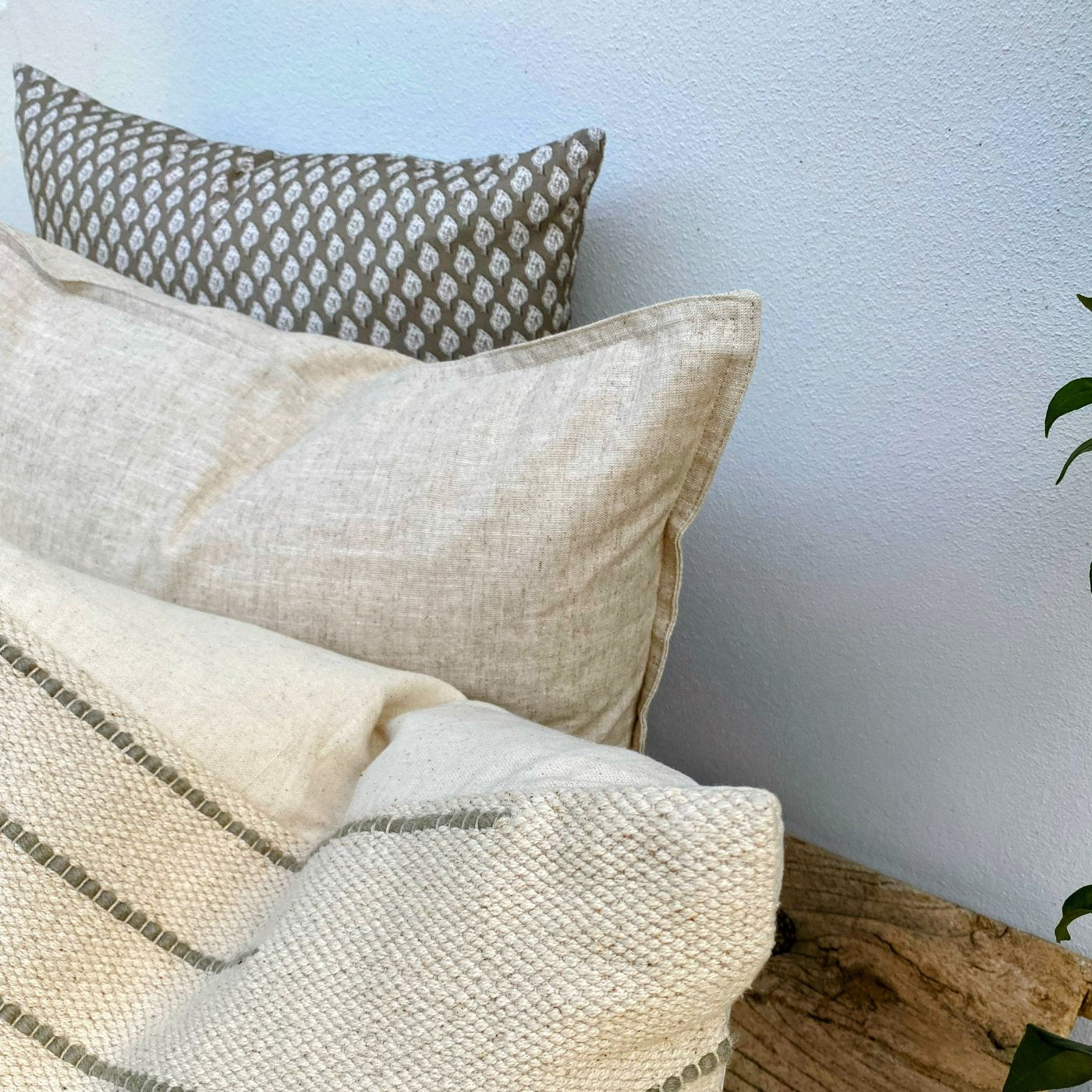 Set of 3 Natural Olive and Sage Green Linen Cotton Cushion Covers