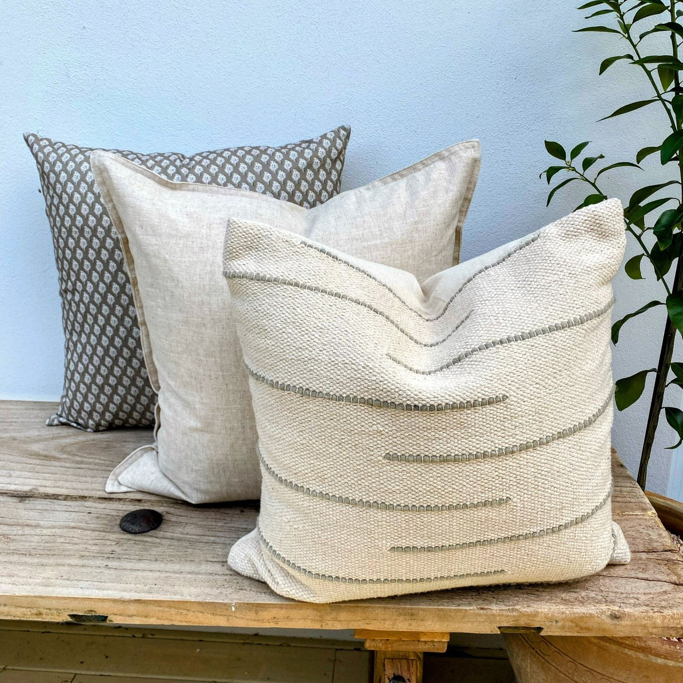 Set of 3 Natural Olive and Sage Green Linen Cotton Cushions