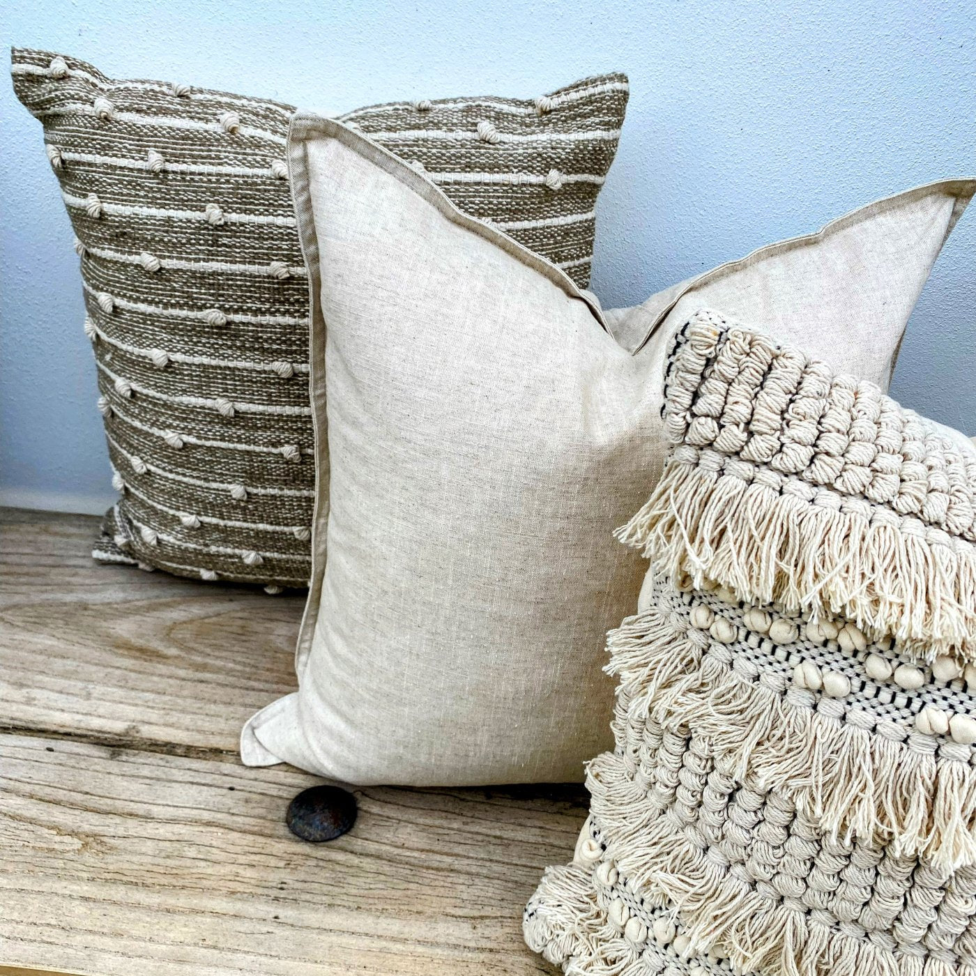 Set of 3 Natural Olive Green Cushions