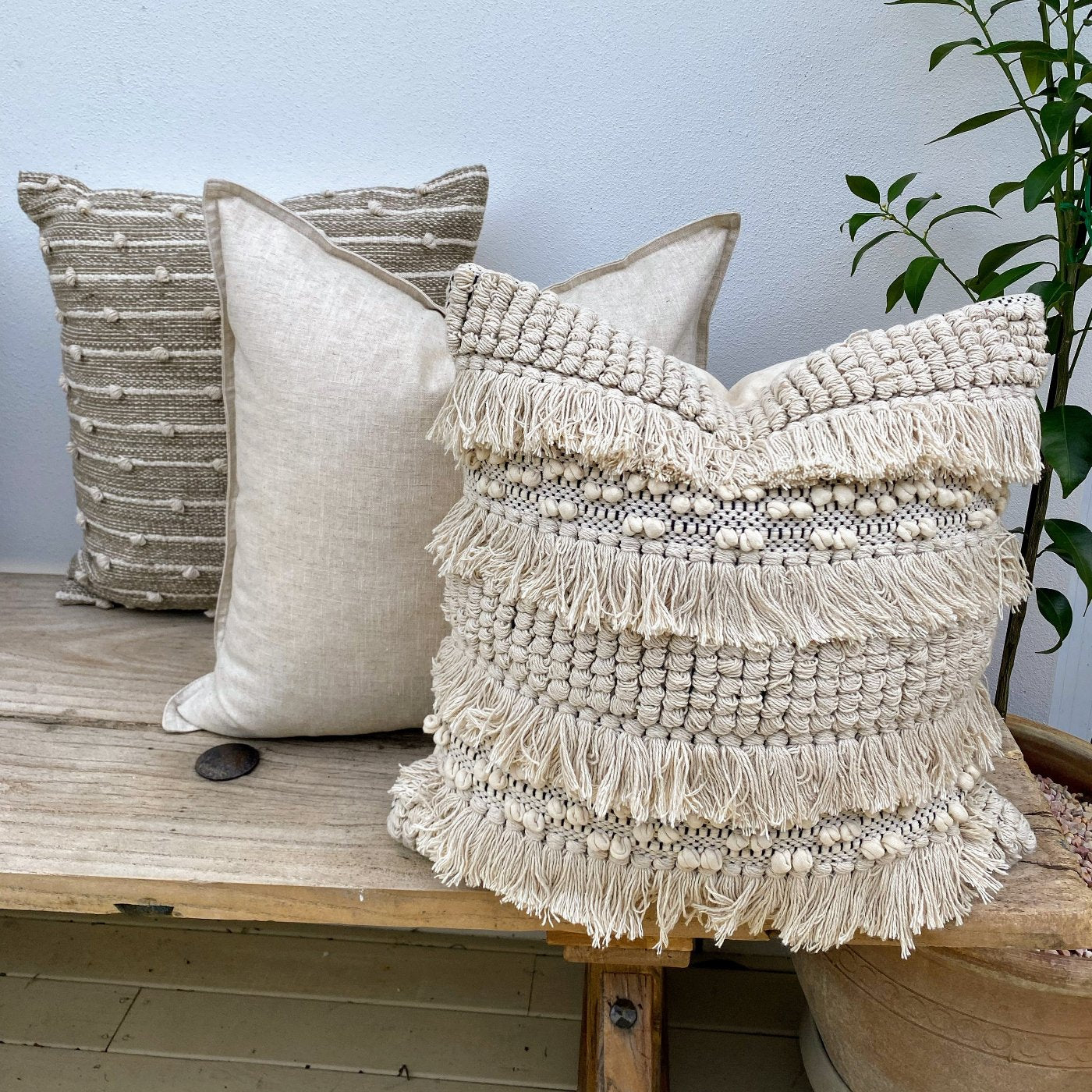 Set of 3 Natural Textured Tassel Fringed Cushions