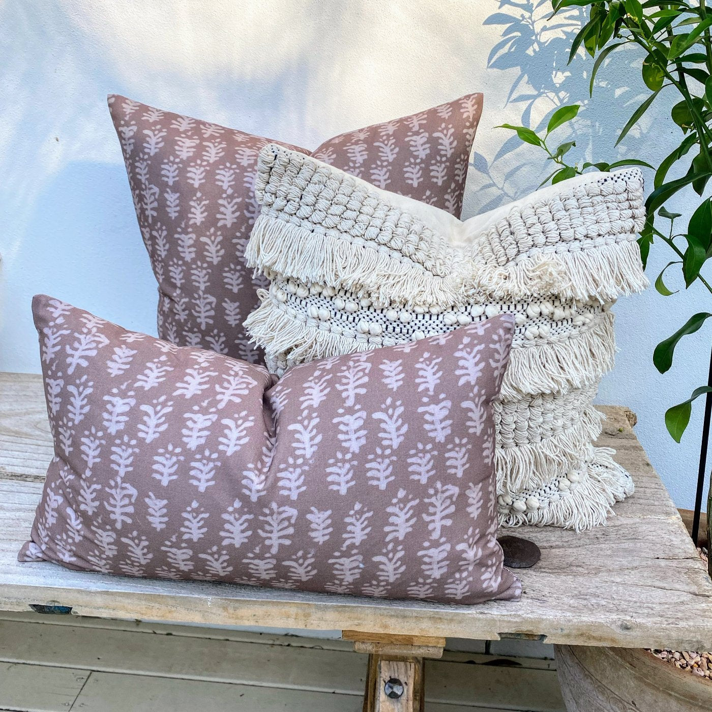 Set of 3 Patterned Coastal Brown Beige Cushion Covers |  Tassel Boho 