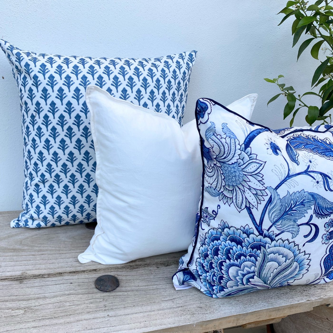 Set of 3 Hamptons Style Blue and White Cushions-Portsea