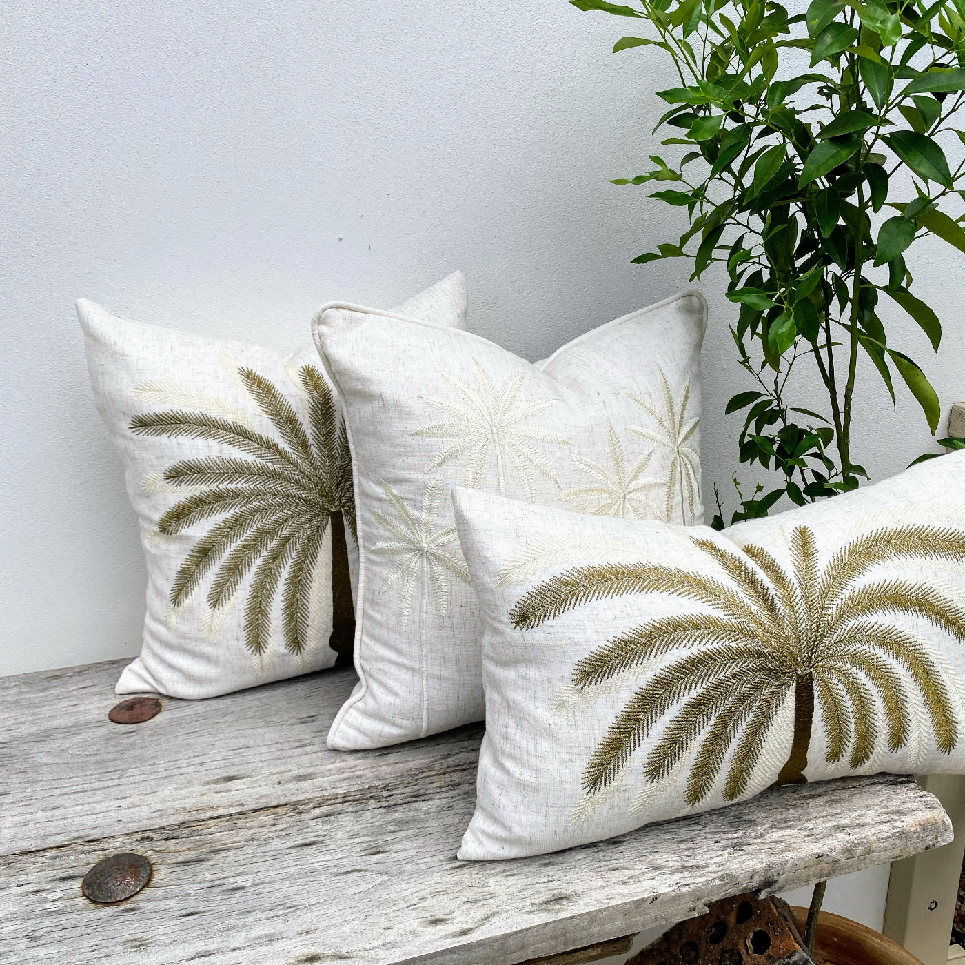 Set of Three White Palm Cushion Cover at Revived Artisan