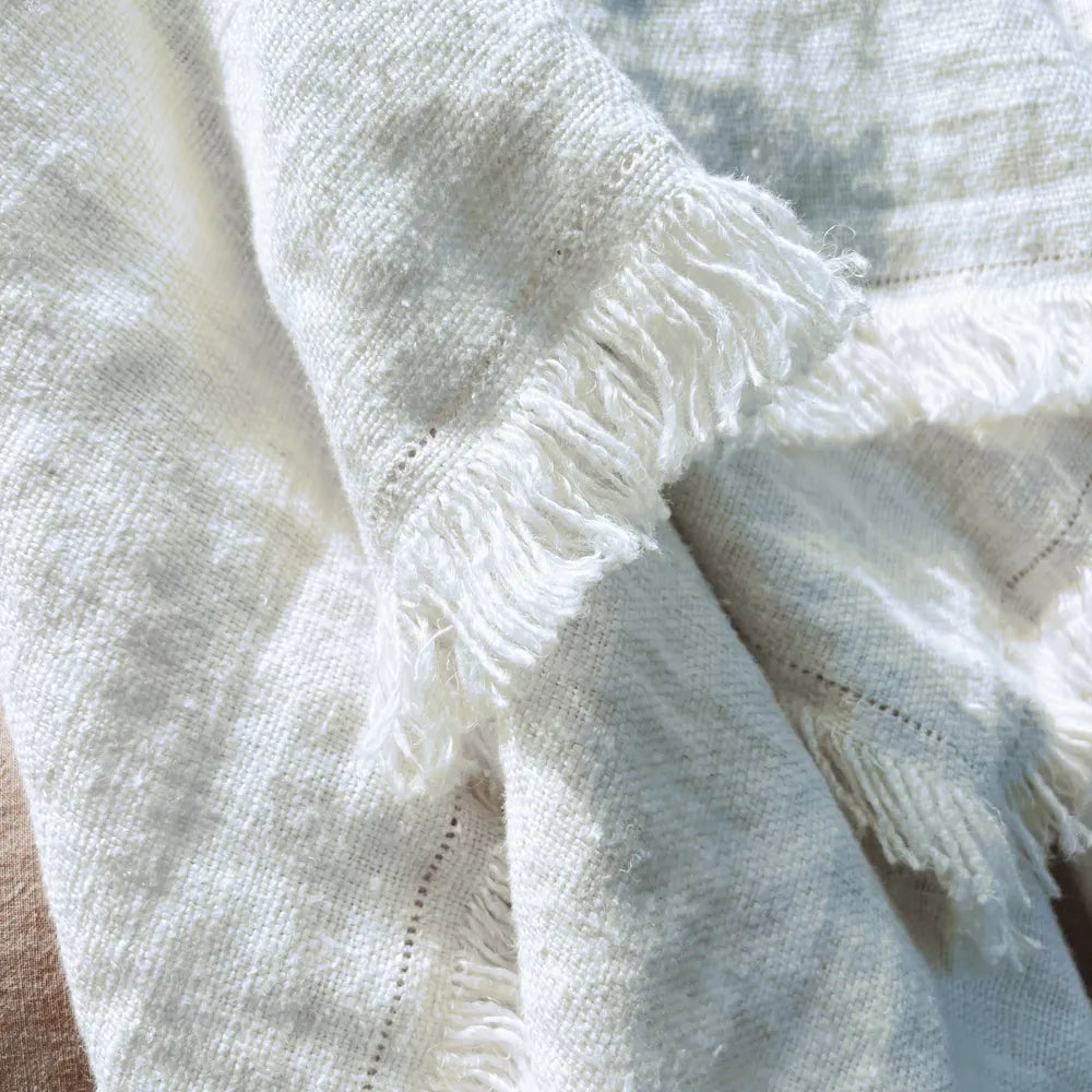 Textured White French  Linen Boho Throw 