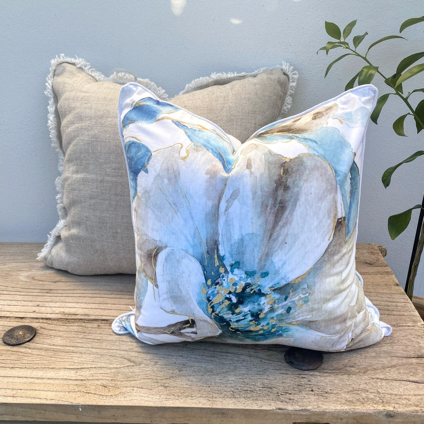 Watercolour Floral Cotton Cushion Cover With Natural Beige Fringed Cushion