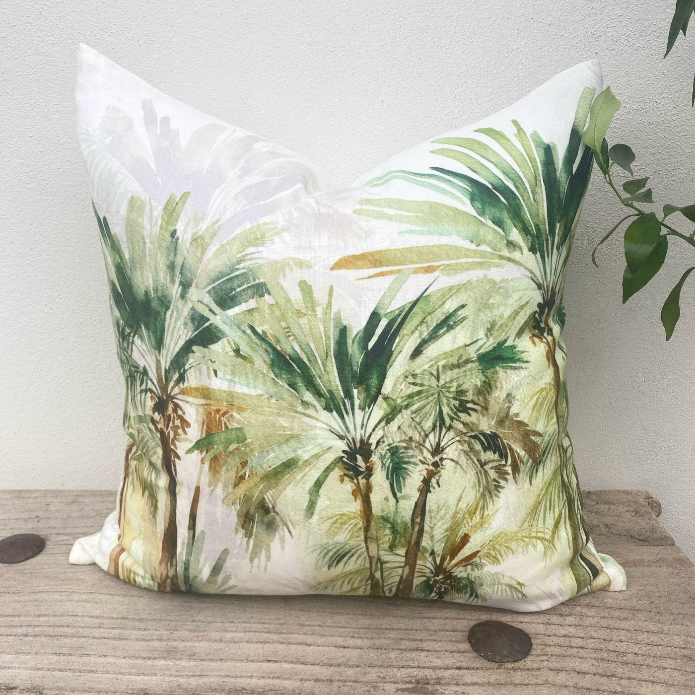 French Linen Green Palm Tree Cushion